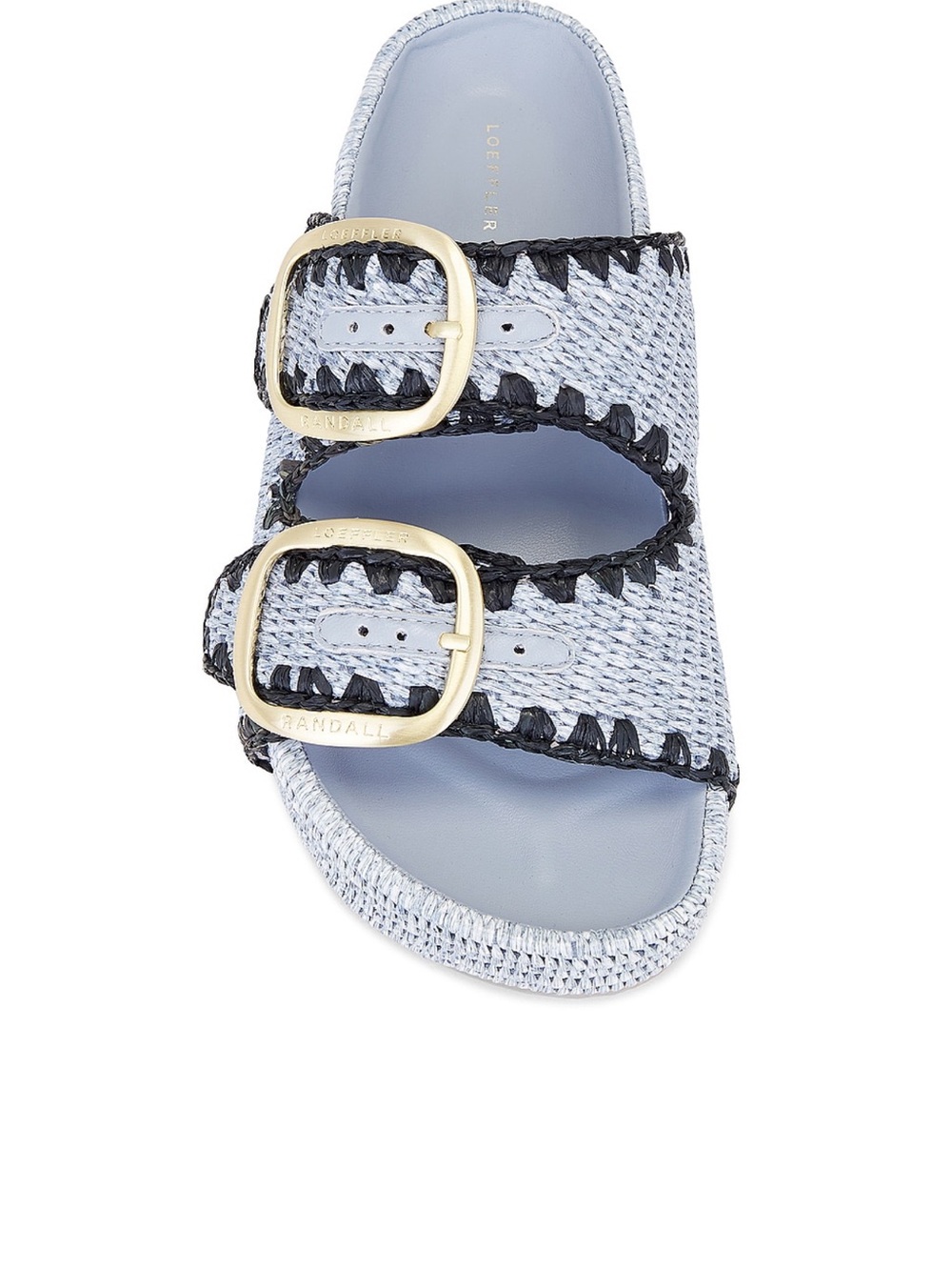 Loeffler Randall Light Blue Raffia Double-Buckle Slide with navy Trim